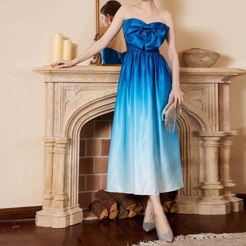 Summer Sexy Elegant Gradient Bandeau Bowknot Party Wedding Guest Dress