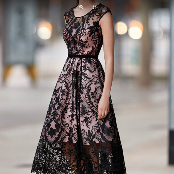 Summer Elegant Printed O-Neck Sleeveless Sexy Casual Party Lace  Wedding Guest Dress