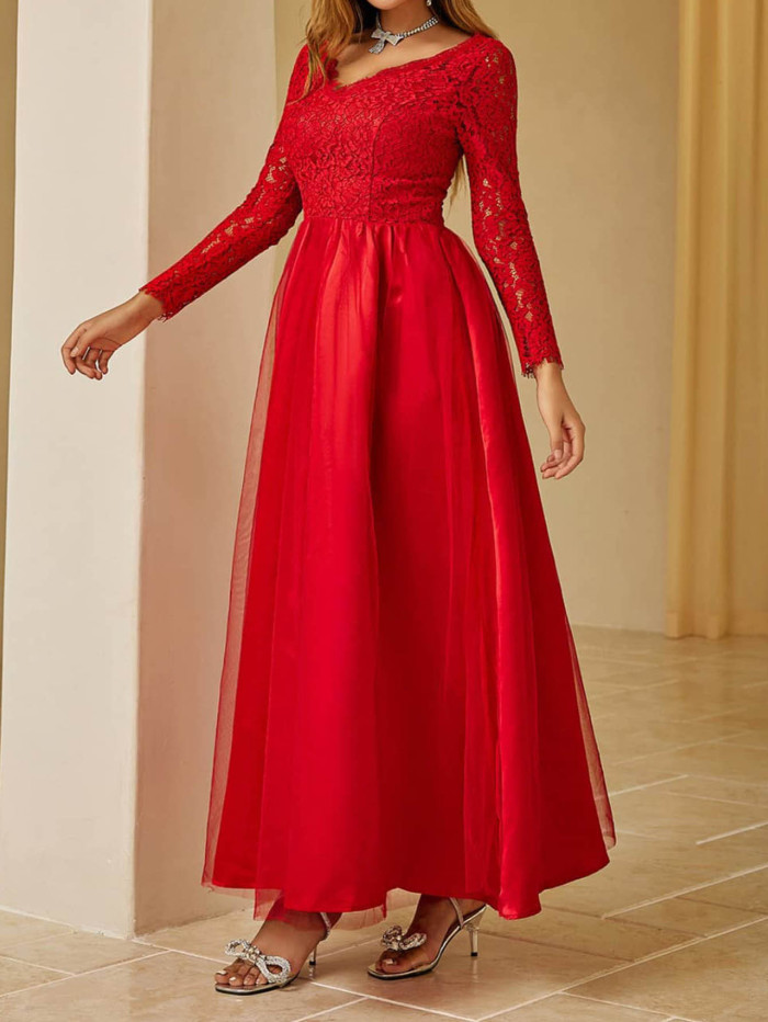 Women Fashion Stylish Elegant Mesh Lace Long Sleeve Wedding Evening Dress