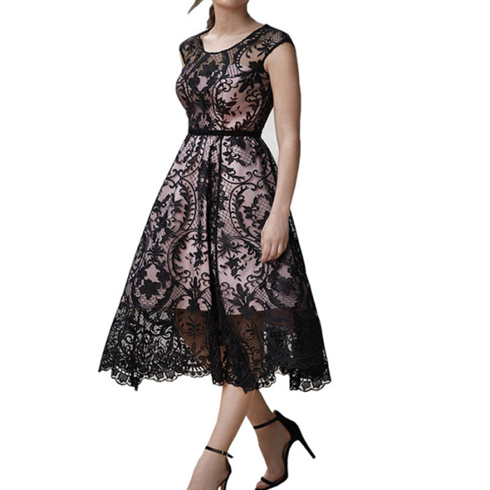 Summer Elegant Printed O-Neck Sleeveless Sexy Casual Party Lace  Wedding Guest Dress