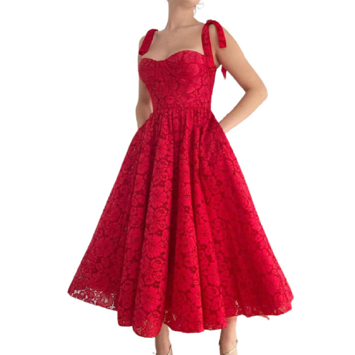 Fashion Elegant Prom Sexy Slim Sleeveless Tube Top Lace Wedding Guest Dress