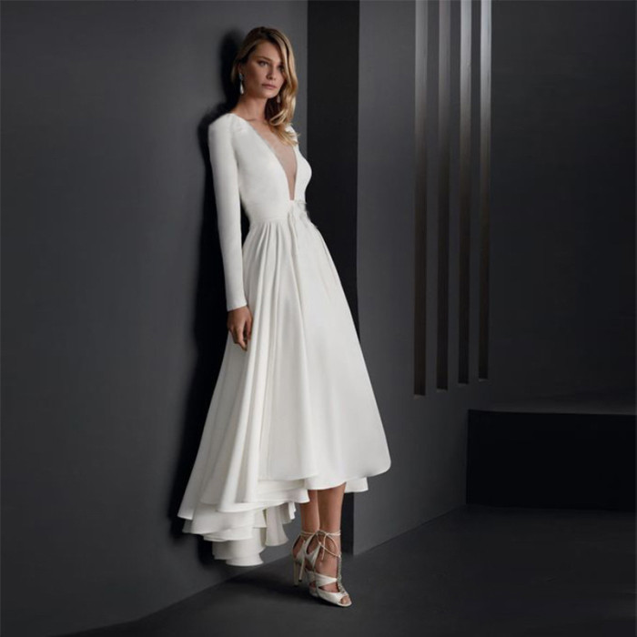 Fashion Slim Sexy Deep V Neck Asymmetric Long Sleeves Party Elegant A-Line  Wedding Guest Dress
