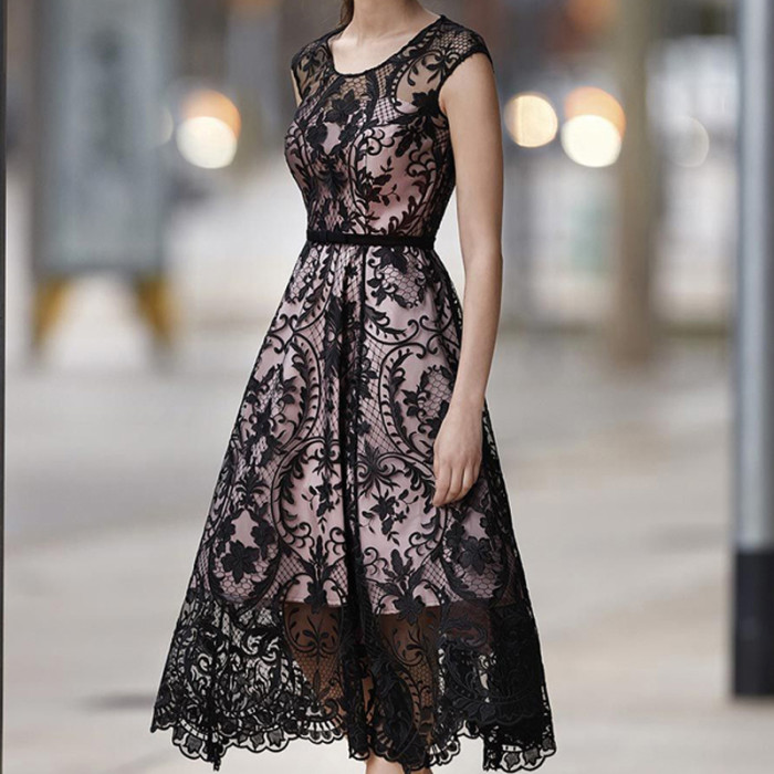 Summer Elegant Printed O-Neck Sleeveless Sexy Casual Party Lace  Wedding Guest Dress