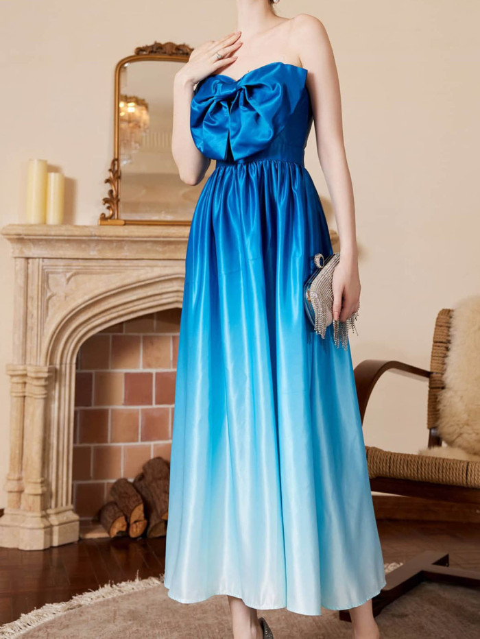 Summer Sexy Elegant Gradient Bandeau Bowknot Party Wedding Guest Dress