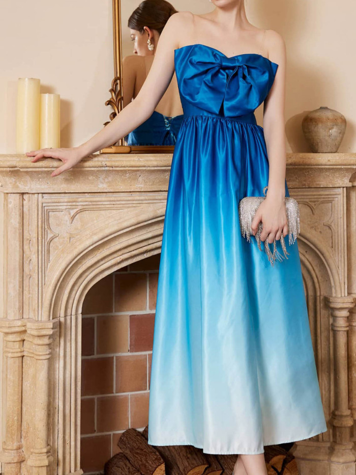 Summer Sexy Elegant Gradient Bandeau Bowknot Party Wedding Guest Dress