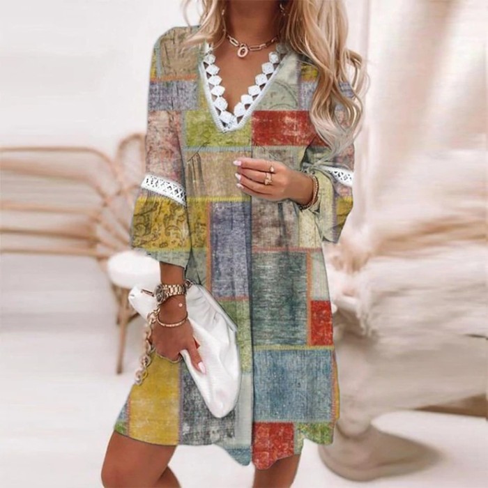 Women's Fashion Temperament Long Sleeve V Neck Mini Casual Dress