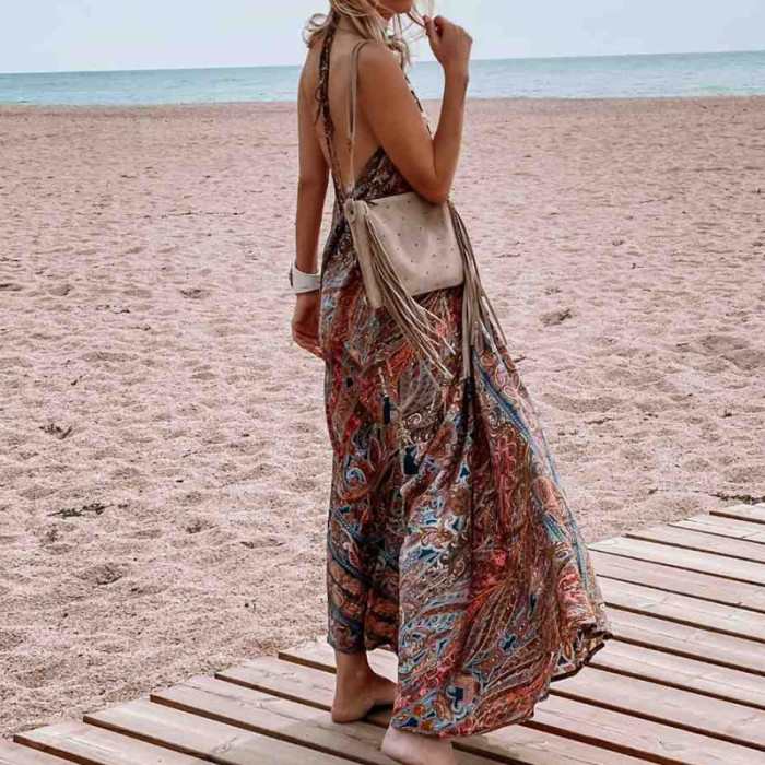 Women's Summer Bohemian Backless Vintage Print Sleeveless Loose Party Maxi Dress