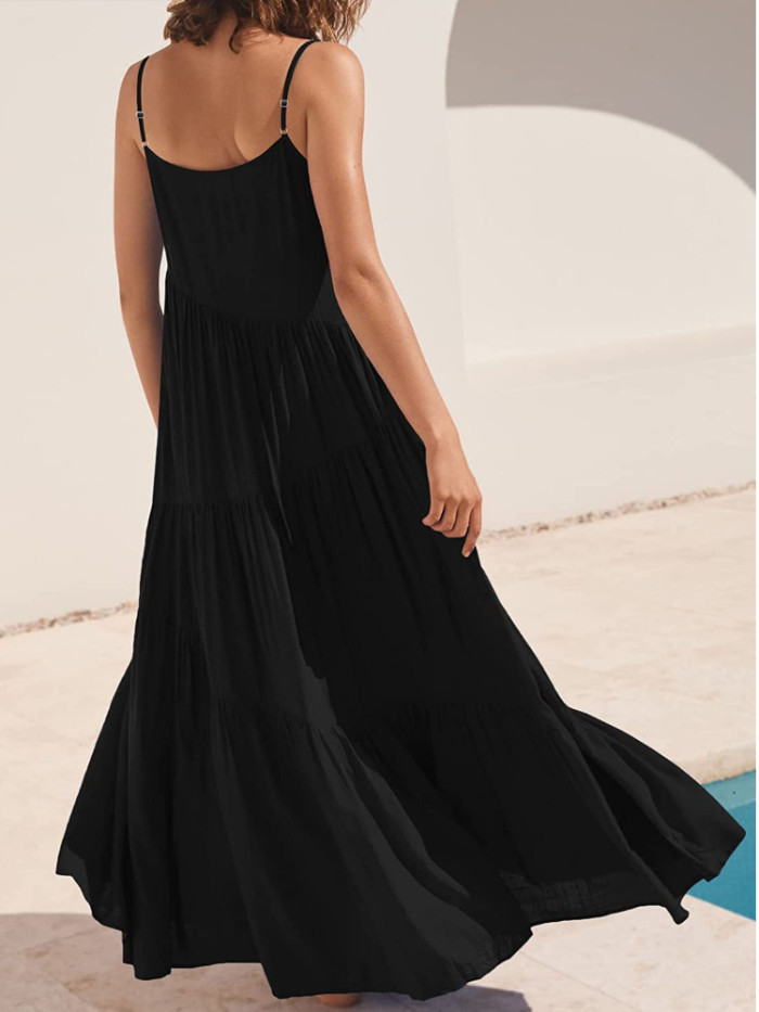 Summer Fashion Casual Solid Color Pleated Irregular Sling Maxi Dress