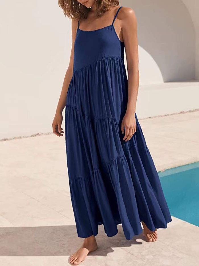 Summer Fashion Casual Solid Color Pleated Irregular Sling Maxi Dress
