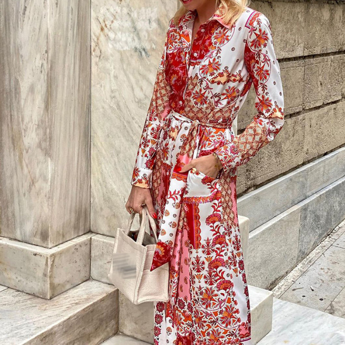 Fashion Lapel Shirt Dress Elegant Pattern Printing Casual Tie Party  Wedding Guest Dress
