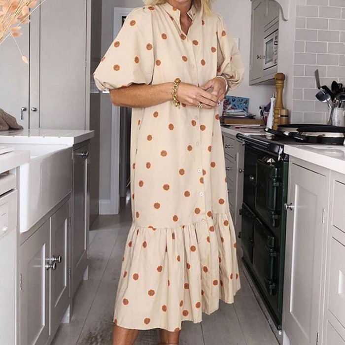 Women's Fashion Printed Half Sleeve Stand Collar Casual Loose Ruffle  Maxi Dress