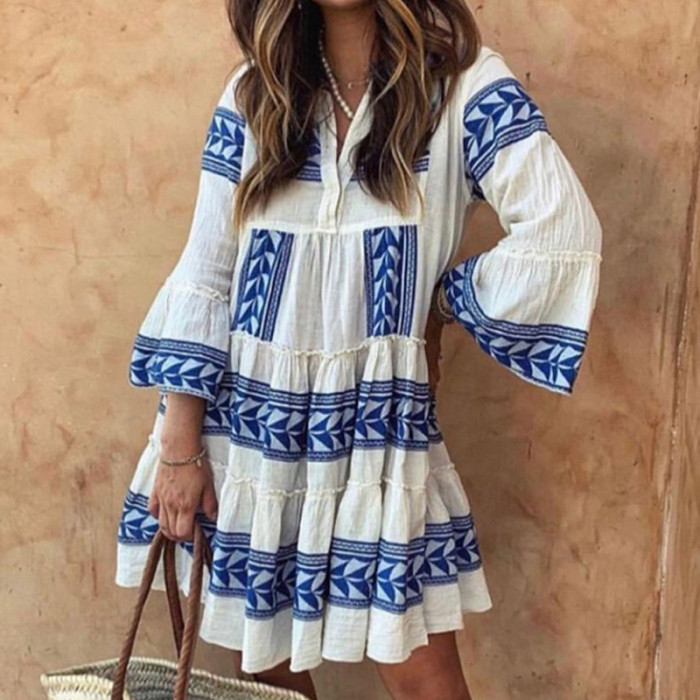 Women's New Casual Dress Resort Style Print Loose Bohemian Hem Dress