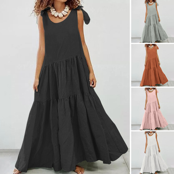 Fashion Solid Color Lace-up Vest Casual Ruffled  Maxi Dress