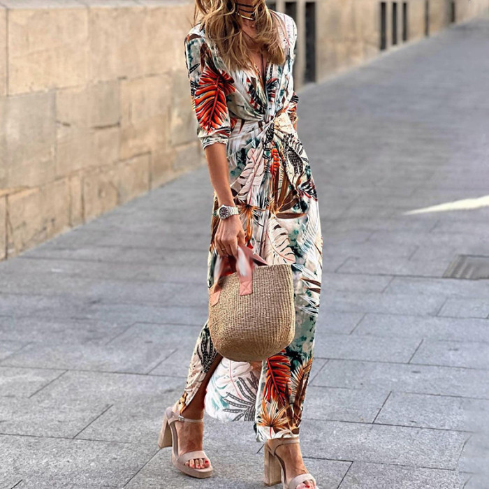 Fashion Printed Slim Party Elegant Deep V Neck Chic Maxi Dress