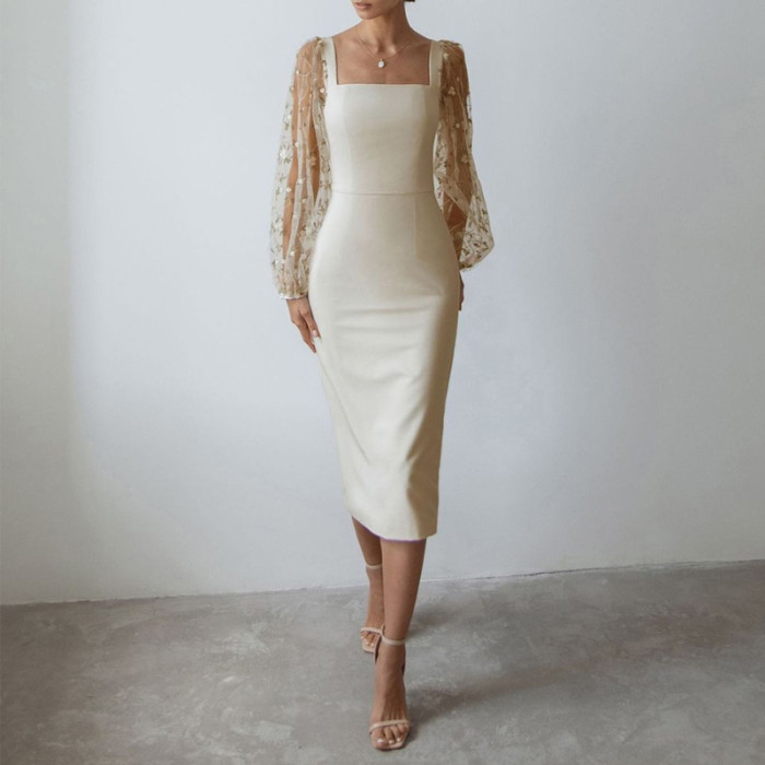 Sexy Perspective Lantern Sleeve Fashion Embroidered Mesh Party Neck Slim Wedding Guest Dress