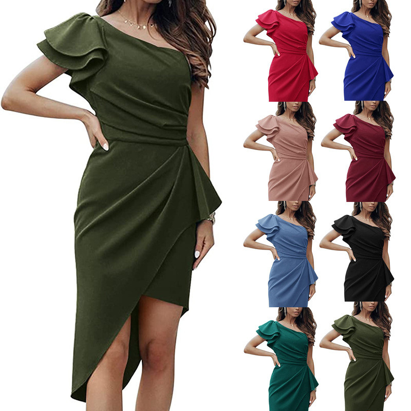 Elegant Party Sleeveless Solid Color One Shoulder Casual Prom  Bodycon Dress