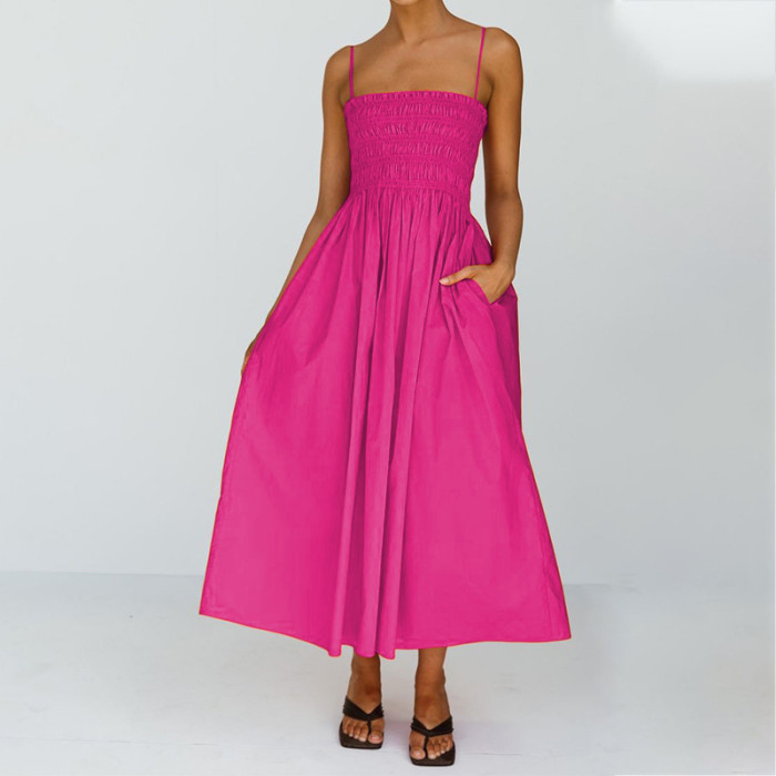 Solid Sleeveless Camisole Formal Loose Pleated Backless Party Wedding Guest Dress
