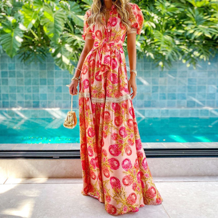 Women's Summer Elegant Fashion Short Sleeve High Waist POLO Neck Printed Maxi Dress