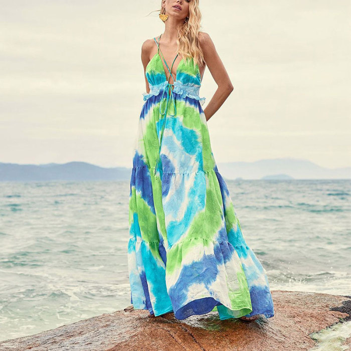 Sexy Fashion Summer Bohemian Tie Dye Gradient Backless  Maxi Dress