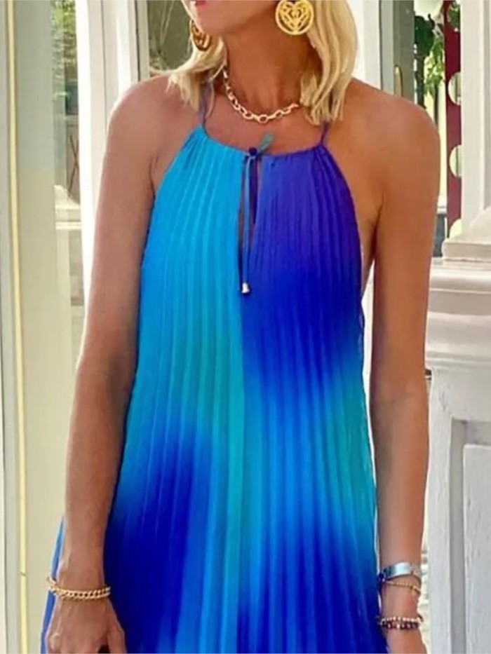 Pleated Fashion Beach Vacation Gradient Lace Sexy Sleeveless  Maxi Dress