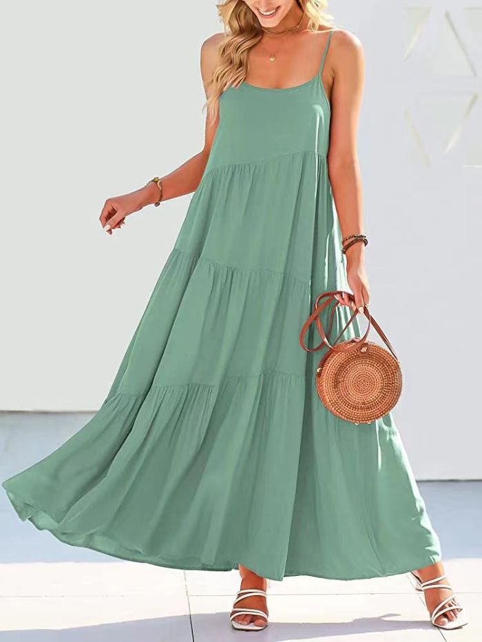 Summer Fashion Casual Solid Color Pleated Irregular Sling Maxi Dress