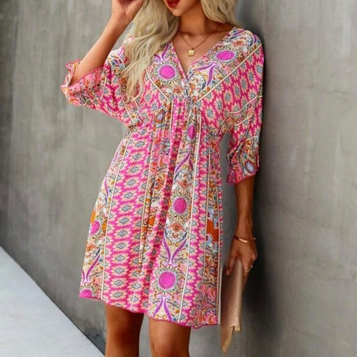 Women's Fashion Bohemian Print V Neck Backless Ties Sexy Casual Dress