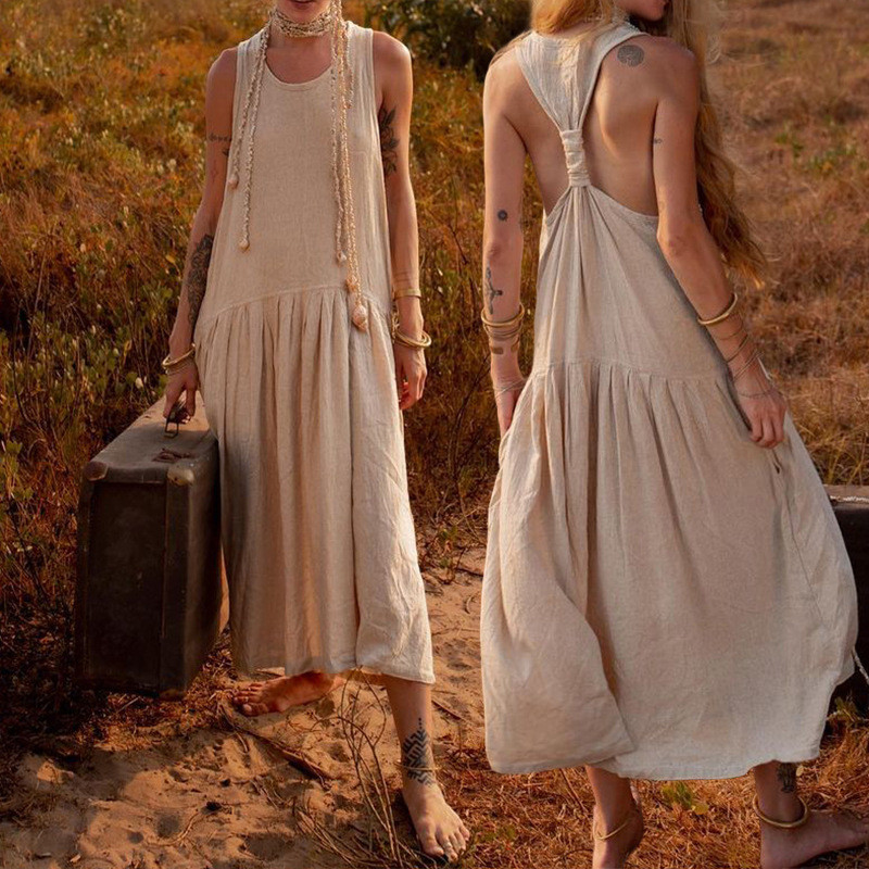 Ladies Casual Temperament Solid Color Sleeveless Strapless Fashion  Maxi Dress