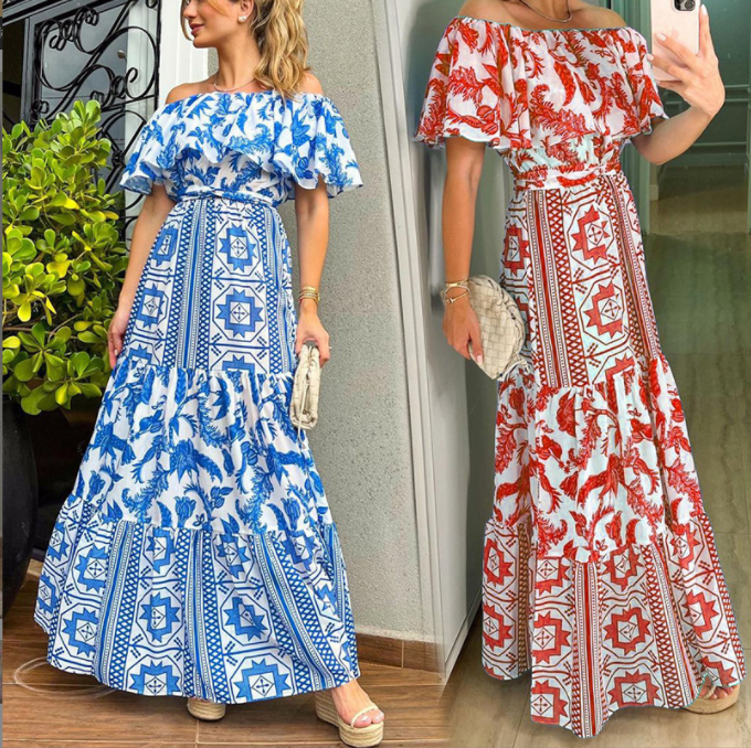 Women's Fashion Elegant One Shoulder Print Party Fashion Wedding Guest Dress