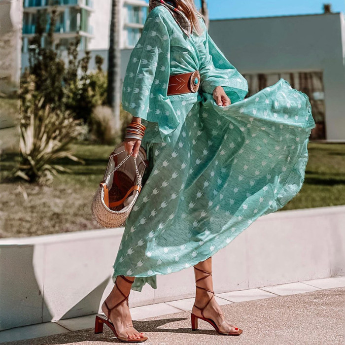 Chic V Neck Bell Sleeve Bohemian Casual Print Vintage Elegant Holiday Party  Maxi Dress
