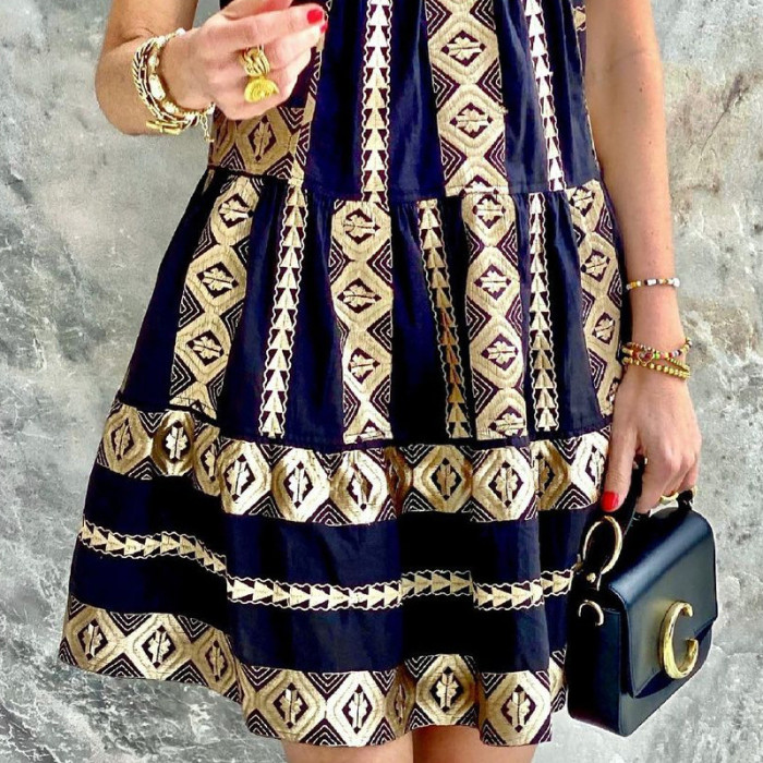 Fashion Ladies Printed Elegant Sleeveless Retro A-Line Casual Dress