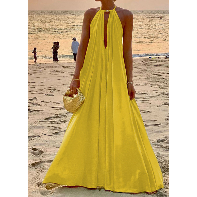 Summer Fashion Temperament Pure Color Halter Neck Sleeveless Loose Wedding Guest Dress