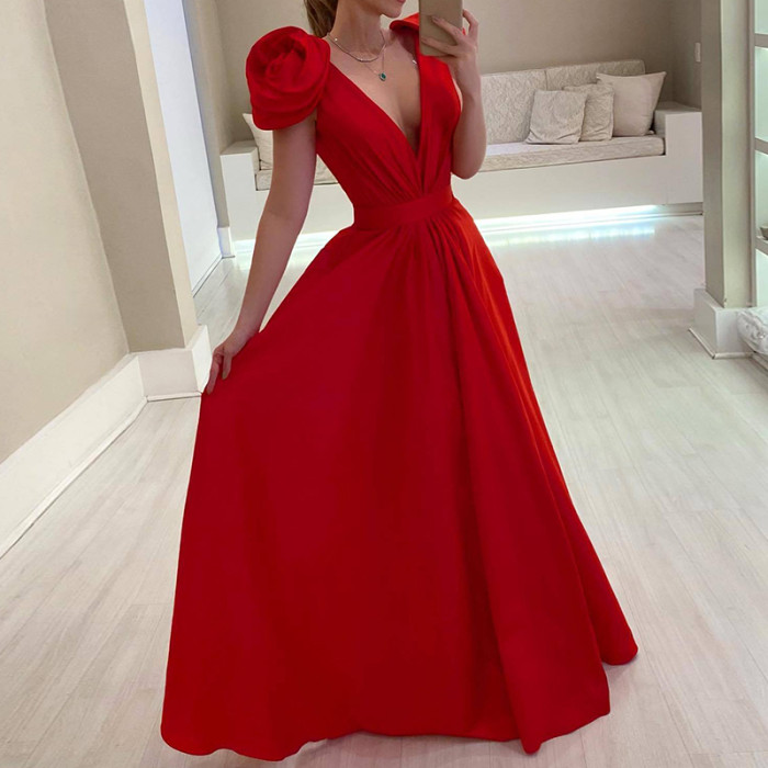 Fashion Sleeveless Slim Elegant Deep V Neck Solid Color Pleated A-Line Party Wedding Guest Dress