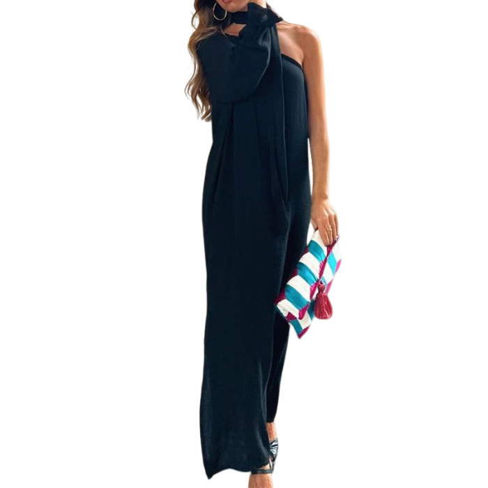 Women's Fashionable Pure Color Slanted Shoulder Sleeve Maxi Dresses