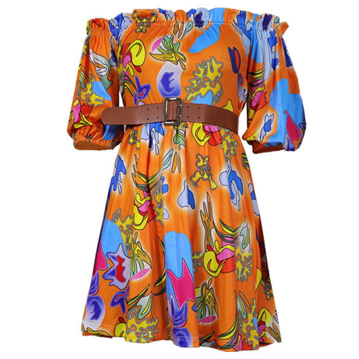 Women's Fashion Offset Neck Casual Printed Dress