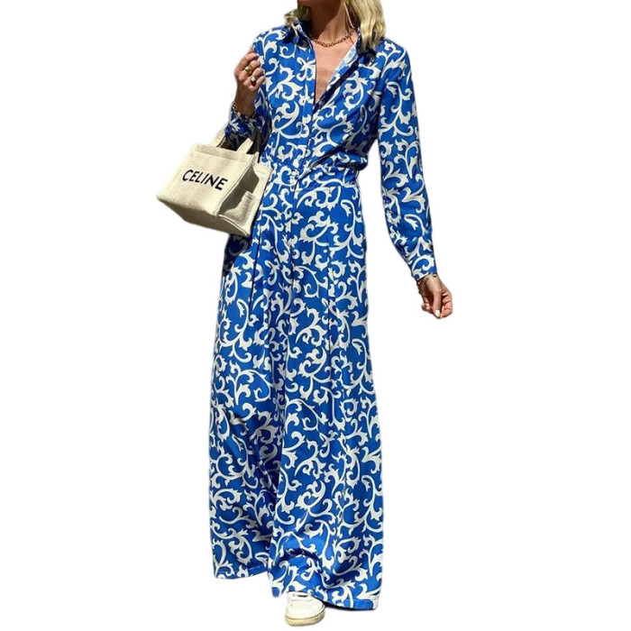 Fashion Femininity Print Lapel Casual Open Button  Maxi Dress