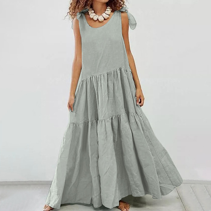 Fashion Solid Color Lace-up Vest Casual Ruffled  Maxi Dress