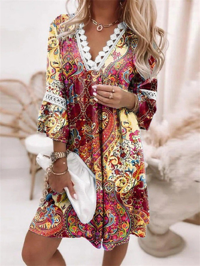 Women's Fashion Temperament Long Sleeve V Neck Mini Casual Dress