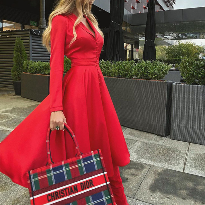 Elegant Party Fashion Solid Color Sexy V Neck Satin Long Sleeve A-Line Wedding Guest Dress