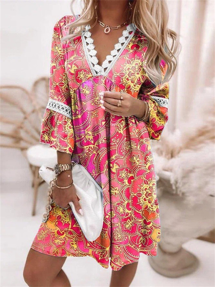 Women's Fashion Temperament Long Sleeve V Neck Mini Casual Dress