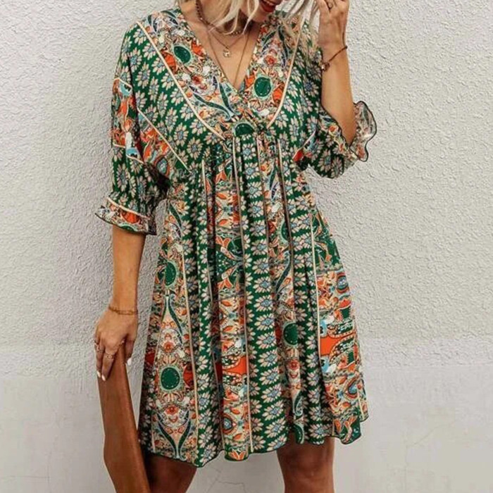 Women's Fashion Bohemian Print V Neck Backless Ties Sexy Casual Dress