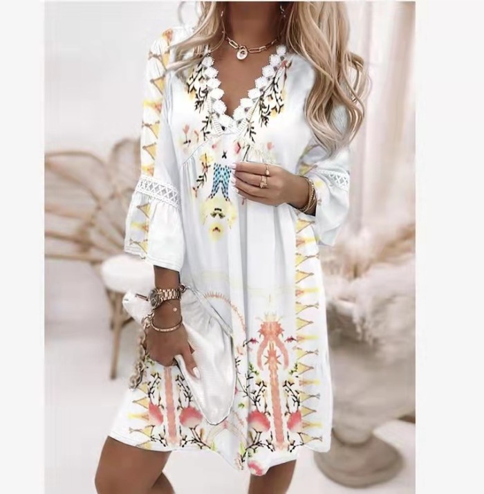 Women's Fashion Temperament Long Sleeve V Neck Mini Casual Dress