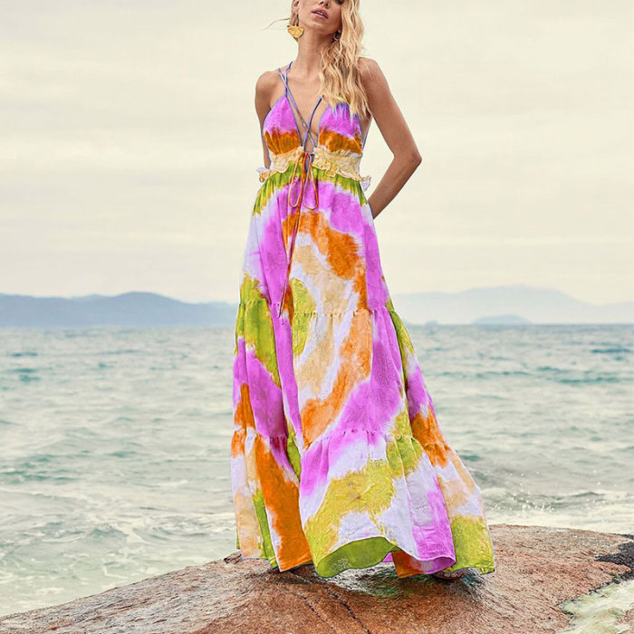 Sexy Fashion Summer Bohemian Tie Dye Gradient Backless  Maxi Dress