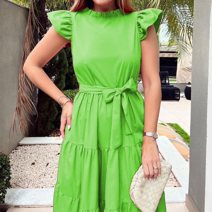 Women's Fashion Solid Color Round Neck Ruffle Strap Party  Maxi Dress