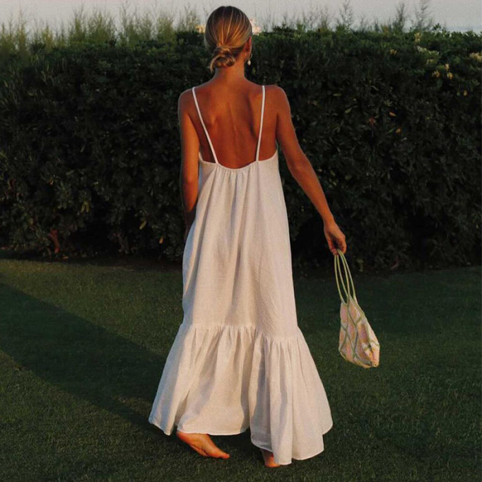 Women's Backless Sleeveless Sexy Camisole Fashion Solid Color  Maxi Dress