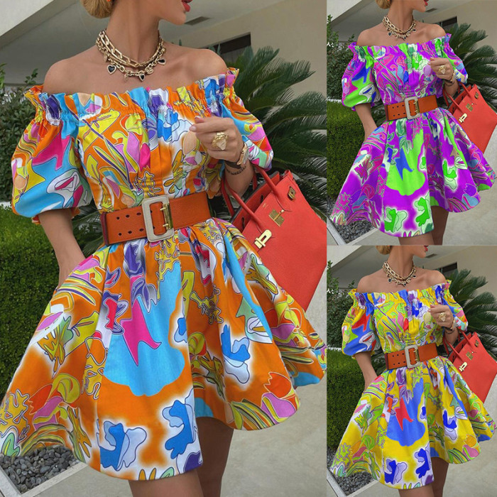 Women's Fashion Offset Neck Casual Printed Dress