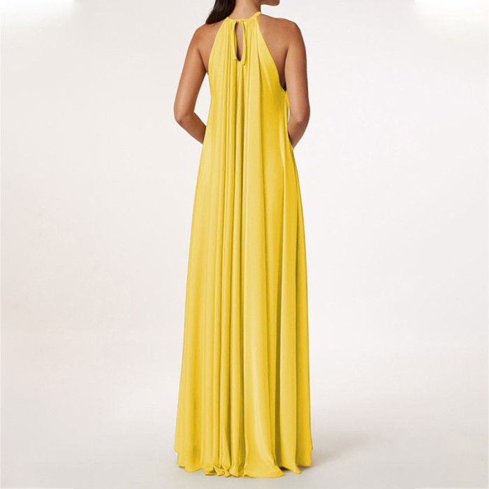 Summer Fashion Temperament Pure Color Halter Neck Sleeveless Loose Wedding Guest Dress
