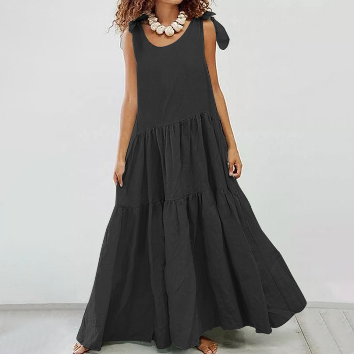 Fashion Solid Color Lace-up Vest Casual Ruffled  Maxi Dress