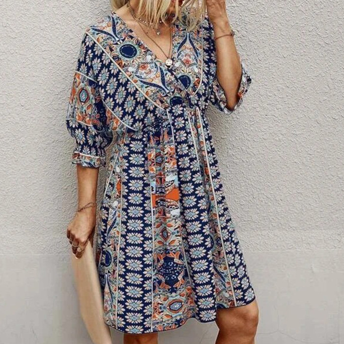 Women's Fashion Bohemian Print V Neck Backless Ties Sexy Casual Dress