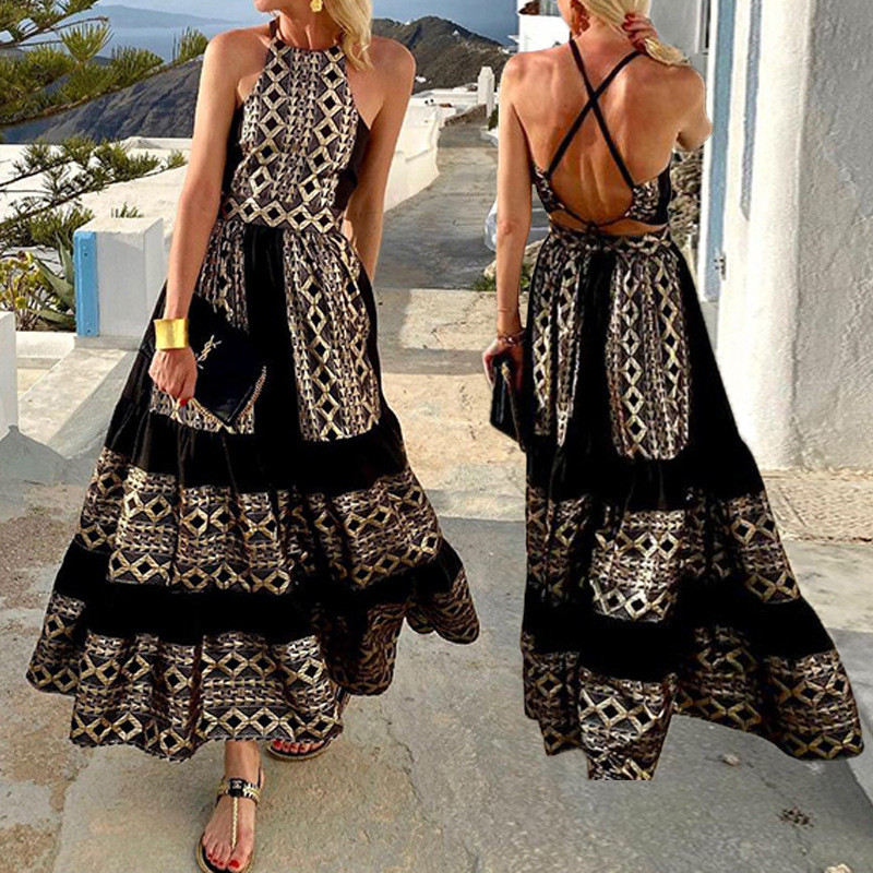 Bohemian Sexy Backless Sleeveless Tie High Waist A-Line Print Wedding Guest Dress