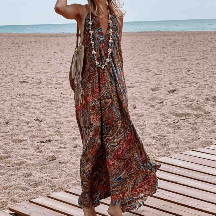Women's Summer Bohemian Backless Vintage Print Sleeveless Loose Party Maxi Dress